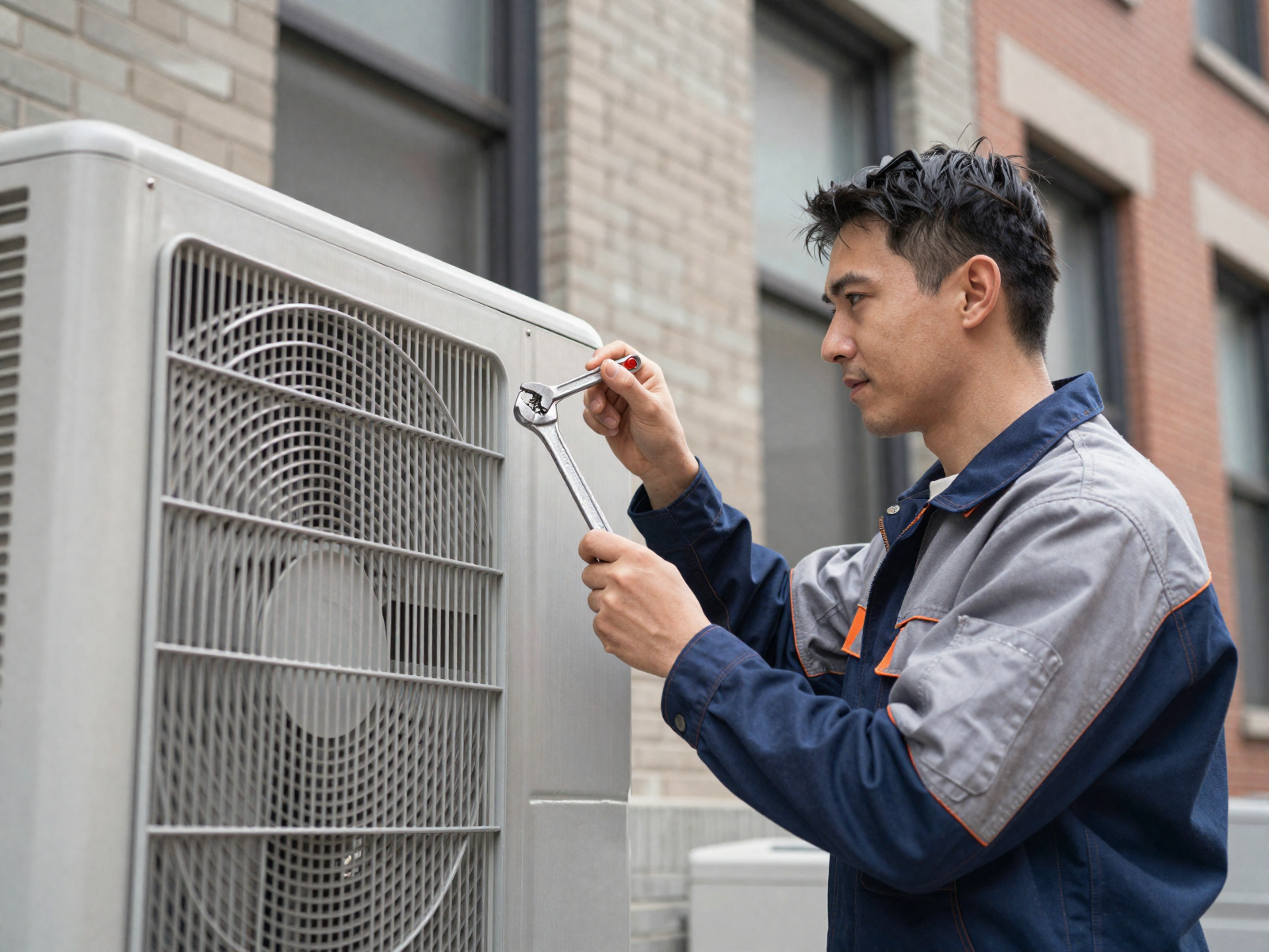 Expert HVAC technician inspecting air conditioning unit